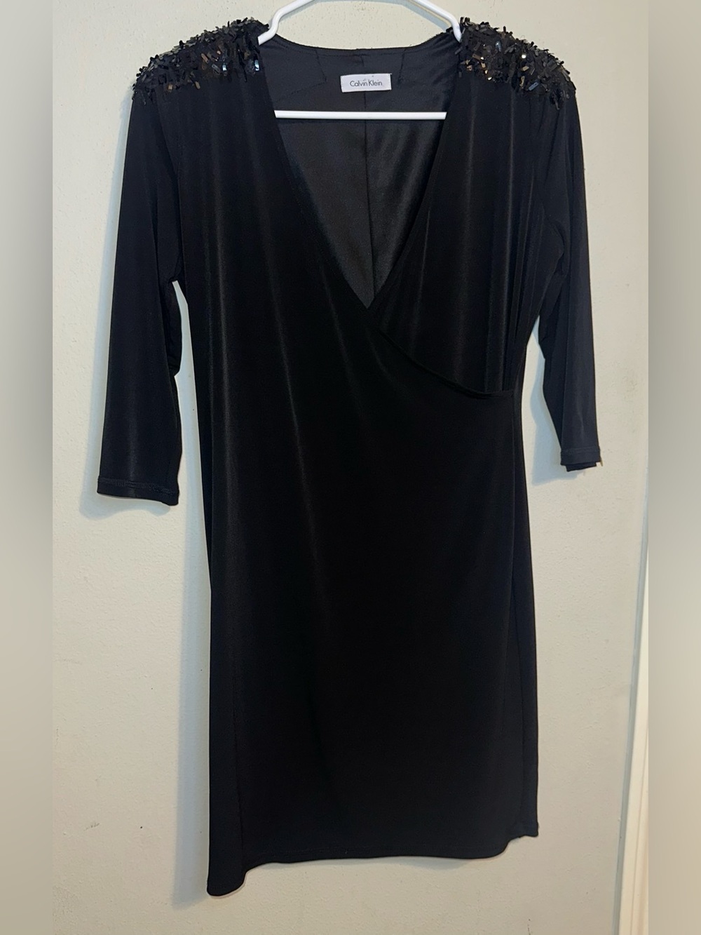Calvin Klein Black V-Neck Beaded Shoulder Dress
